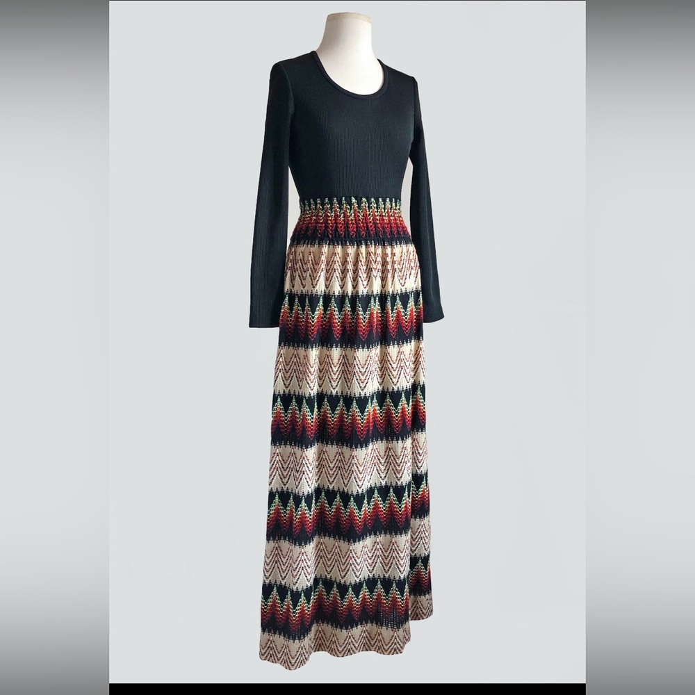 Vintage 70s Black & Woven Bohemian Maxi Dress - Picture 2 of 14
